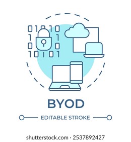 BYOD soft blue concept icon. Personal devices usability, corporate. Cloud data, code security. Round shape line illustration. Abstract idea. Graphic design. Easy to use in infographic, presentation