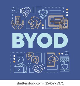 BYOD word concepts banner. Using personal gadgets on workplace. Bring your own device. Presentation, website. Isolated lettering typography idea with linear icons. Vector outline illustration