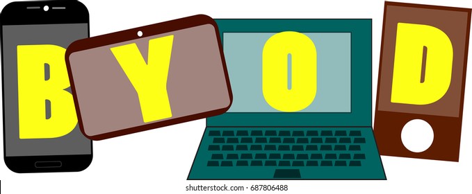 BYOD word text logo Illustration. Multiple devices networking concept isolated flat vector. Transparent.
