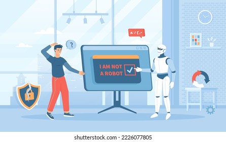 Bypass Captcha, Anti Captcha, Solving service, AI. Robot clicking on captcha - I am not a robot. Flat cartoon vector illustration with people characters for banner, website design or landing web page