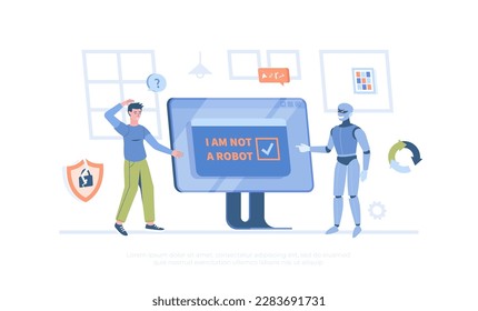 Bypass Captcha, Anti Captcha, Solving service, AI. Robot clicking on captcha - I am not a robot. Cartoon modern flat vector illustration for banner, website design, landing page.	
