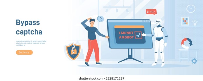 Bypass Captcha, Anti Captcha, Solving service, AI. Robot clicking on captcha - I am not a robot. Flat concept great for social media promotional material. Website banner on white background.