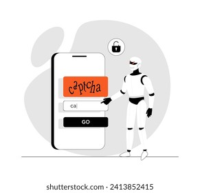 Bypass captcha, Anti captcha, Solving service. Robot enters captcha on the phone screen. Illustration with people scene in flat design for website and mobile development.	
