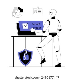 Bypass captcha, Anti captcha, Solving service. Robot clicking on captcha - I am not a robot. Vector illustration with line people for web design.	