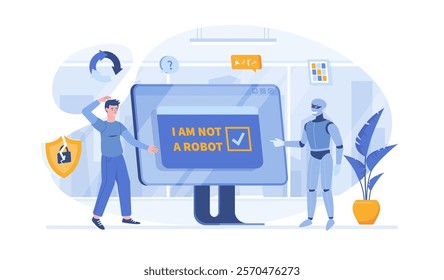 Bypass Captcha, Anti Captcha, Solving service, AI. Robot clicking on captcha - I am not a robot. Vector illustration with characters in flat design for web banner.	
