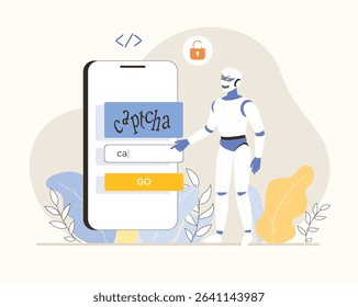Bypass captcha, Anti captcha, Solving service. Robot enters captcha on the phone screen. Flat vector illustration.