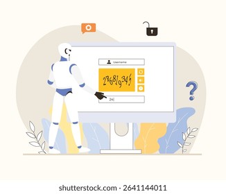 Bypass captcha, Anti captcha, Solving service. Robot enters captcha on the monitor screen. Flat vector illustration.	

