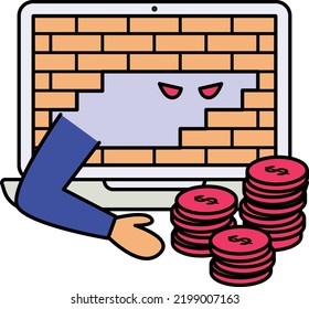 bypassing Network Security vector icon design, White Collar Crime symbol, Computer crime Sign, security breakers stock illustration, Breaking Firewall and stealing cryptocurrency Concept