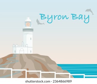 Bahía de Byron en Nueva Gales del Sur, Australia. Faro de Cabo Byron. Paisaje marítimo, concepto de viaje minimalista y turismo con espacio de copias. Pasos vectoriales dibujados a mano.