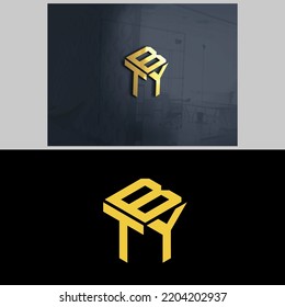 BYT Lettering Logo In The Form Of A Golden Cube With A Black Background Along With A Mockup, Suitable For Printing Business Logos, Businesses, Electronics Businesses, Manufacturing, Community Logos