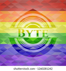 Byte emblem on mosaic background with the colors of the LGBT flag