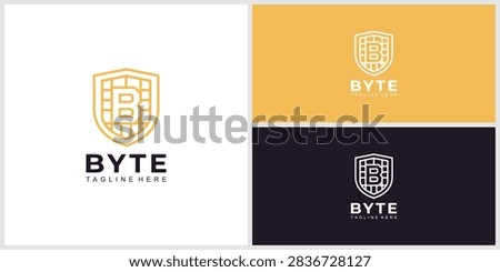 Byte shield logo design with letter b and circuit pattern background technology identity