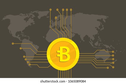 bytecoin cryptocurrency brand icon option with golden coin and electronic point with world map background