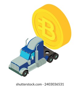 Bytecoin cryptocurrency icon isometric vector. Big gold bytecoin coin and truck. Digital money, cryptocurrency concept svg