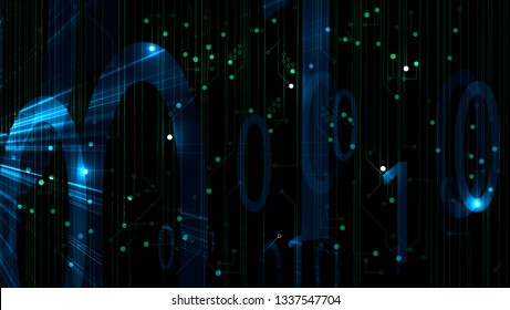 Bytes of binary code run through network. Abstract futuristic syberspace. Modern Technology background
