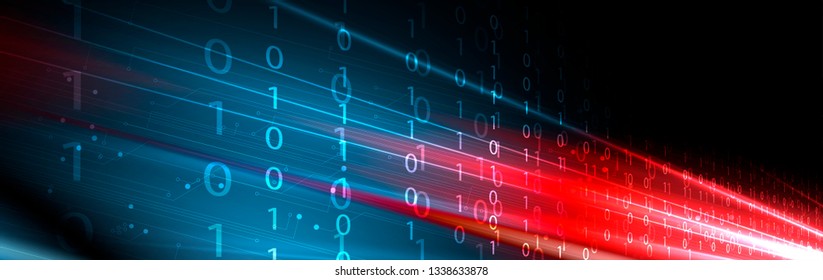 Bytes of binary code run through network. Abstract futuristic syberspace. Modern Technology background