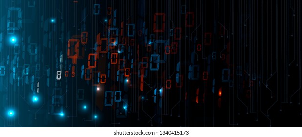 Bytes of binary code run through network. Abstract futuristic syberspace. Modern Technology background