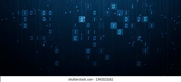 Bytes of binary code run through network. Abstract futuristic syberspace. Modern Technology background