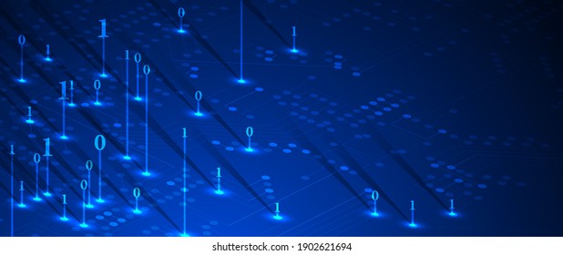 Bytes of binary code run through network. Abstract futuristic syberspace. Modern Technology background