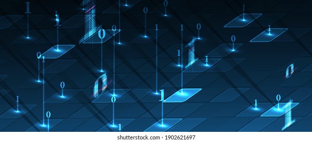 Bytes of binary code run through network. Abstract futuristic syberspace. Modern Technology background