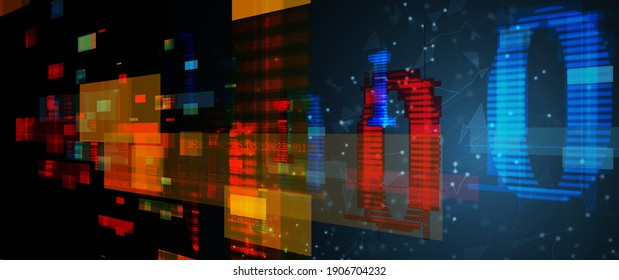 Bytes of binary code run through network. Abstract futuristic syberspace. Modern Technology business background