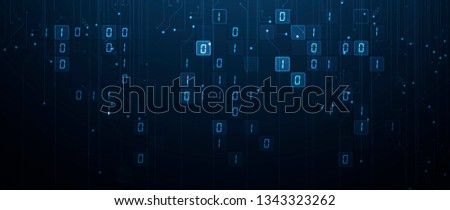 Bytes of binary code run through network. Abstract futuristic syberspace. Modern Technology background