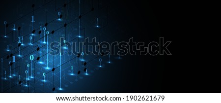 Bytes of binary code run through network. Abstract futuristic syberspace. Modern Technology background