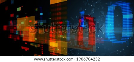 Bytes of binary code run through network. Abstract futuristic syberspace. Modern Technology business background