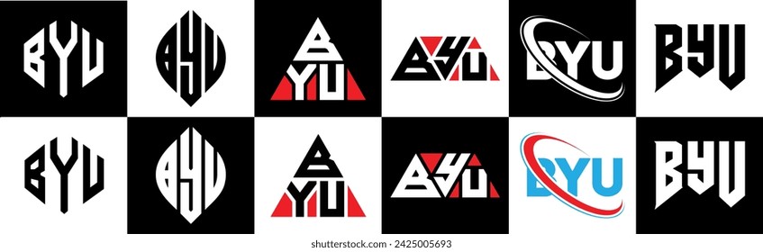 BYU letter logo design in six style. BYU polygon, circle, triangle, hexagon, flat and simple style with black and white color variation letter logo set in one artboard. BYU minimalist and classic logo
