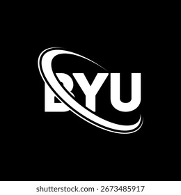 Logotipo da BYU. Design do logotipo da letra BYU. Iniciais do logotipo BYU vinculado com círculo e monograma maiúsculo. Tipografia BYU para marca de tecnologia, negócios e imóveis.