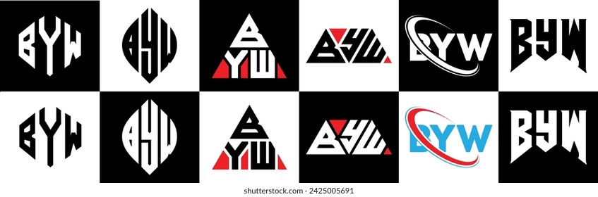 BYW letter logo design in six style. BYW polygon, circle, triangle, hexagon, flat and simple style with black and white color variation letter logo set in one artboard. BYW minimalist and classic logo