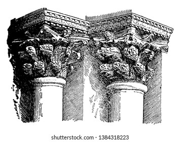 Capital Bizantina, scrowning, membro, cada lado, elevações, vintage linha desenho ou gravura ilustração.