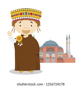 Byzantine cartoon character with Hagia Sophia. Vector Illustration. Kids History Collection.