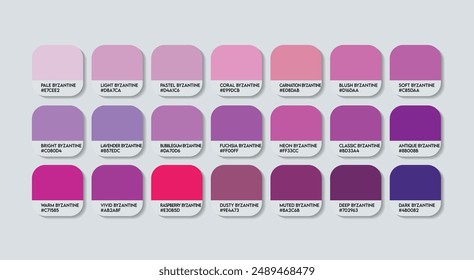 Byzantine Color Palette, Byzantine Color Guide Palette with Color Names. Catalog Samples of Purple with RGB HEX codes and Names. Indigo Colors Palette Vector, Fashion Trend Byzantine Color Palette