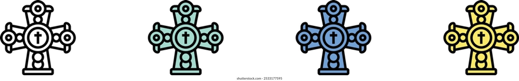 byzantine cross icon. Outline, Green, Blue and Yellow Style Design Isolated On White Background