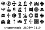 Byzantine Empire historical icon set with double-headed eagles, Orthodox crosses, Hagia Sophia, Chi-Rho symbols, medieval emperors, empresses, soldiers, and religious artifacts.