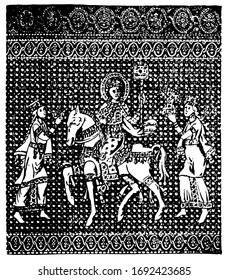 Byzantine Fabric Have One Horse And Three Man In This Pattern, Vintage Engraving.