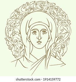 byzantine icon virgin deva divine outline art vector illustration with floral ornament decoration