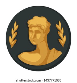 Das byzantinische Symbol Julius Caesar Goldporträt und Olivenzweige einzelne Objekt Vektor Rom Herrscher Kopf und Pflanzung Zweige antike Geschichte alte Reliquienmeister oder König männlichen Charakter Gesicht Metall-Aufdruck.