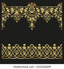 Byzantine traditional historical floral motifs, pattern. Clip art, set of elements for design Vector illustration in gold and black