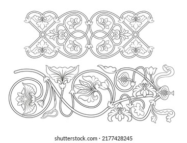 Byzantinische traditionelle historische Blumenmotive, Muster. Clipart, Set von Elementen für Design Outline Vektorgrafik