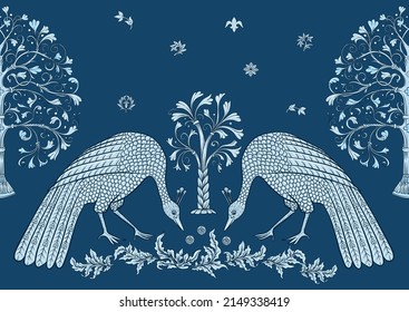 Byzantine traditional historical motifs of animals, birds, flowers and plants Seamless border pattern, linear ornament, ribbon in blue. Vector illustration.