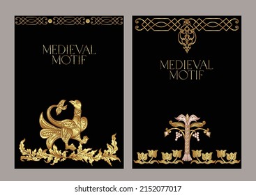 Byzantine traditional historical motifs of animals, birds, flowers and plants Template for wedding invitation, greeting card, banner, gift voucher, label. Vector illustration.