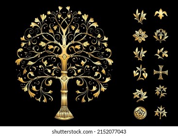 Byzantine traditional historical motifs of animals, birds, flowers and plants Clip art, set of elements for design in gold and black Vector illustration.