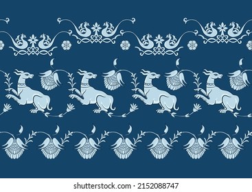 Byzantine traditional historical motifs of animals, birds, flowers and plants Seamless border pattern, linear ornament, ribbon in blue. Vector illustration.