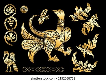 Byzantine traditional historical motifs of animals, birds, flowers and plants Clip art, set of elements for design in gold and black Vector illustration.