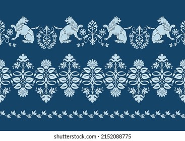 Byzantine traditional historical motifs of animals, birds, flowers and plants Seamless border pattern, linear ornament, ribbon in blue. Vector illustration.