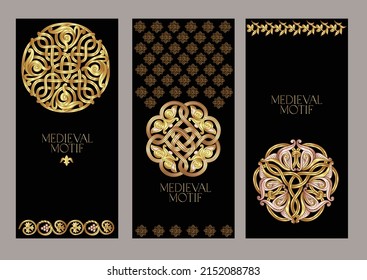 Byzantine traditional historical motifs of animals, birds, flowers and plants Template for wedding invitation, greeting card, banner, gift voucher, label. Vector illustration.