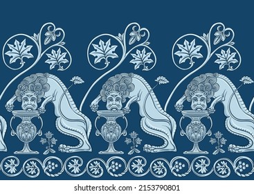 Byzantine traditional historical motifs of animals, birds, flowers and plants Seamless border pattern, linear ornament, ribbon in blue. Vector illustration.