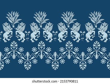 Byzantine traditional historical motifs of animals, birds, flowers and plants Seamless border pattern, linear ornament, ribbon in blue. Vector illustration.